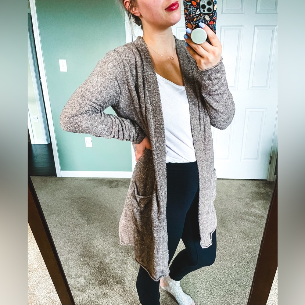 Barefoot Dreams CozyChic Lite Long Weekend Cardigan Medium Heather Cocoa-Taupe
